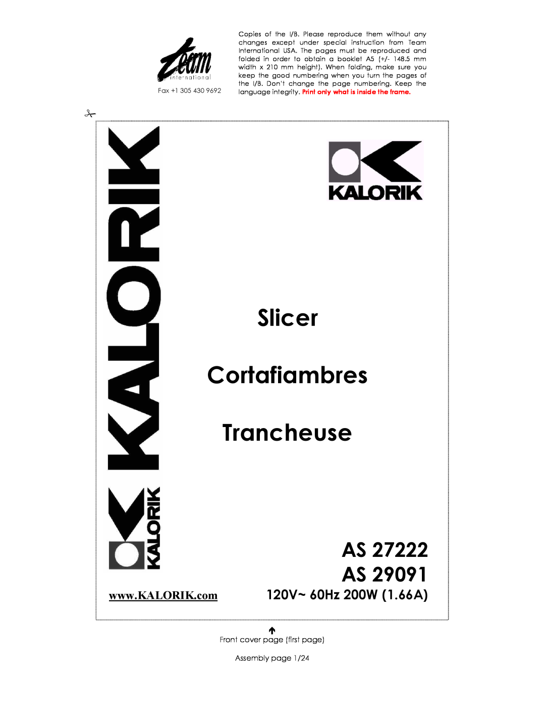 Kalorik AS 27222, AS 29091 manual As As, Slicer Cortafiambres Trancheuse, Front cover page first page Assembly page 1/24 