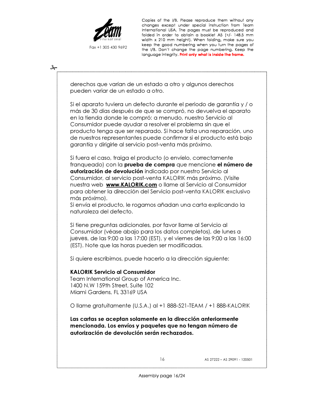 Kalorik AS 29091, AS 27222 manual KALORIK Servicio al Consumidor, Assembly page 16/24 