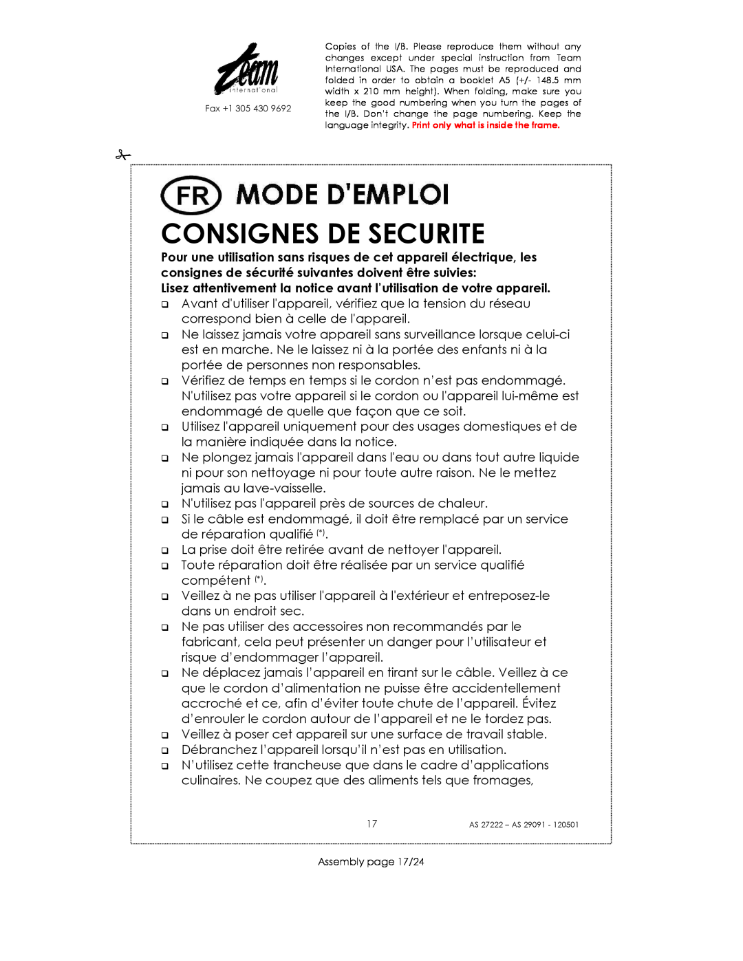 Kalorik AS 27222, AS 29091 manual Consignes De Securite, Lisez attentivement la notice avant l’utilisation de votre appareil 