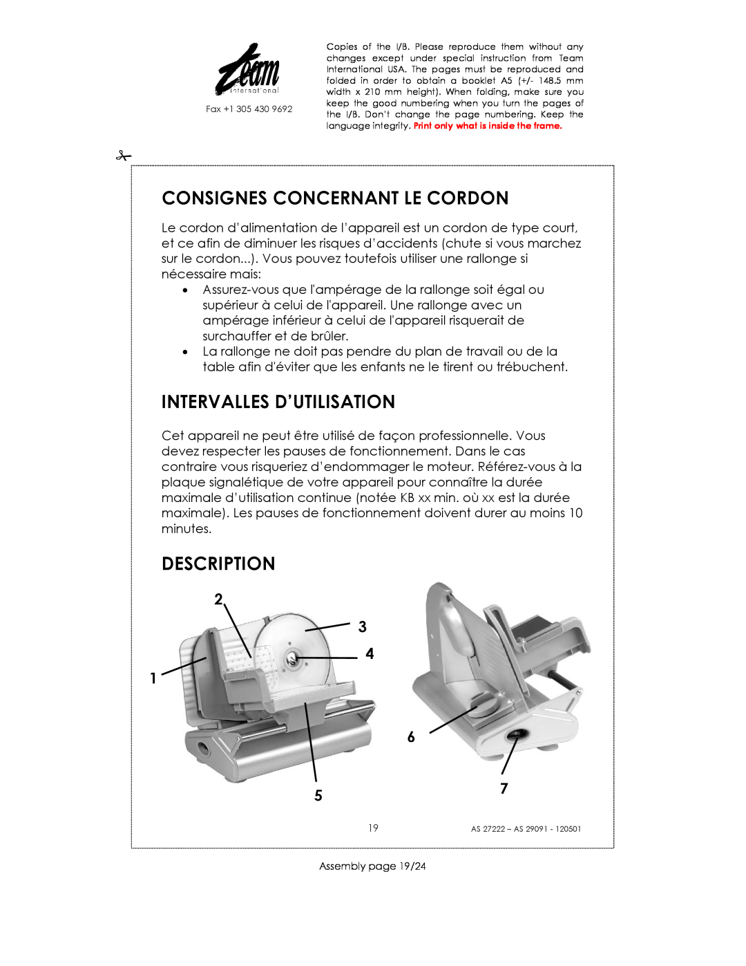 Kalorik AS 27222, AS 29091 Consignes Concernant Le Cordon, Intervalles D’Utilisation, Description, Assembly page 19/24 