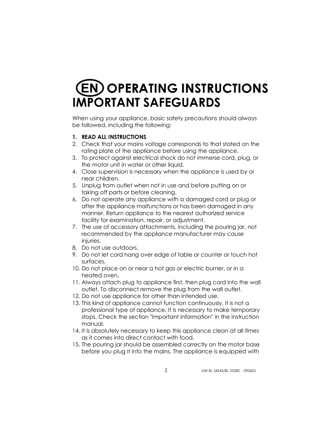 Kalorik BL 25280, BL 24242 manual Important Safeguards 