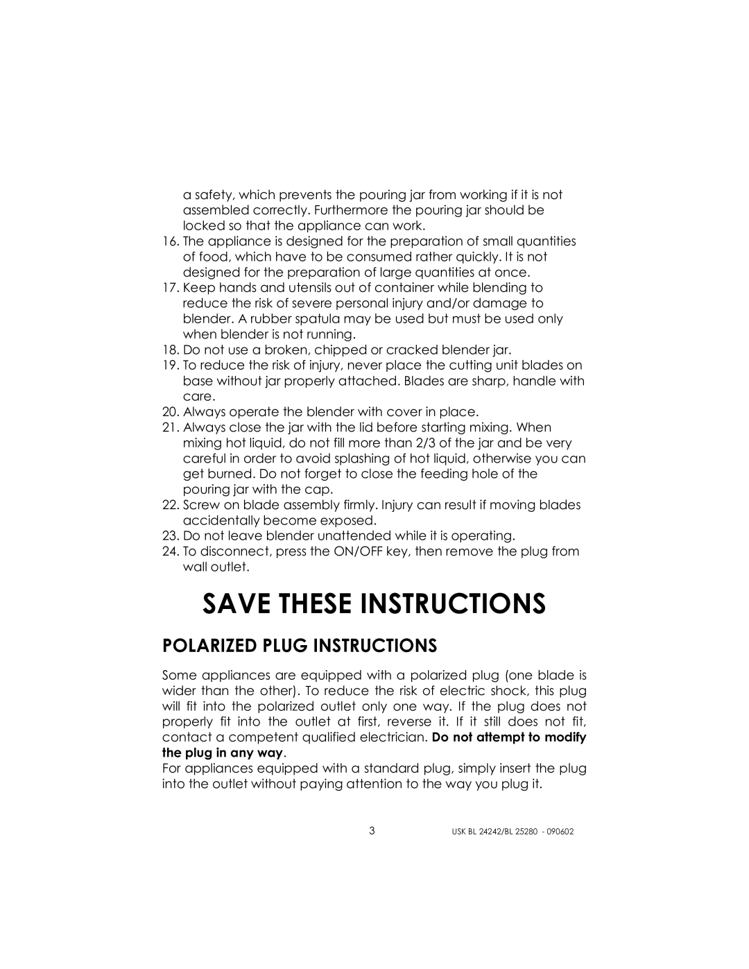 Kalorik BL 24242, BL 25280 manual Polarized Plug Instructions 