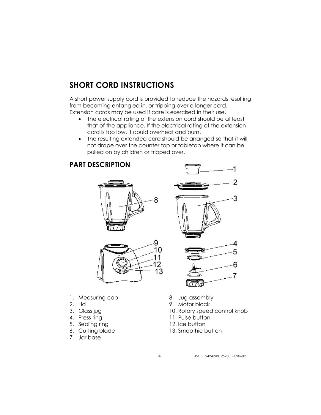 Kalorik BL 25280, BL 24242 manual Short Cord Instructions, Part Description 