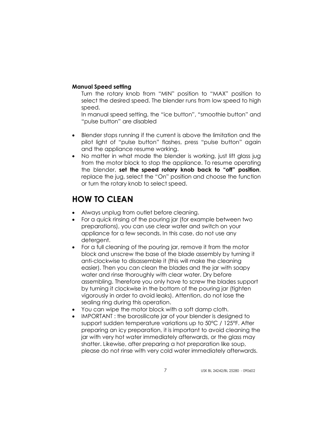 Kalorik BL 24242, BL 25280 manual HOW to Clean 