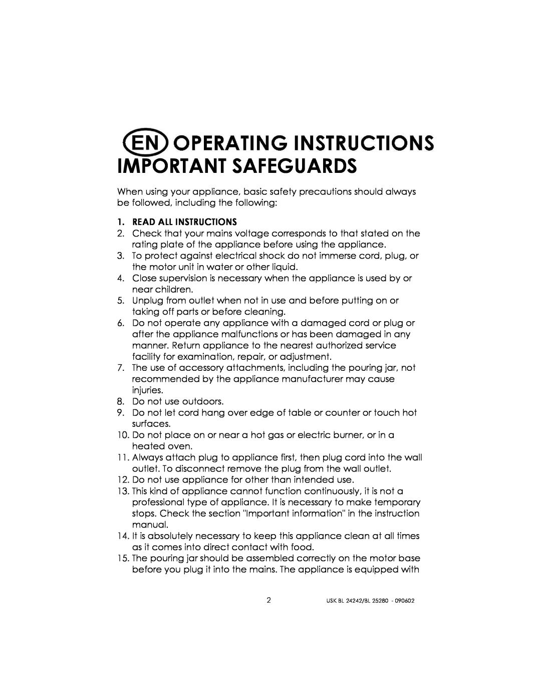Kalorik BL 25280, BL 24242 manual Important Safeguards 