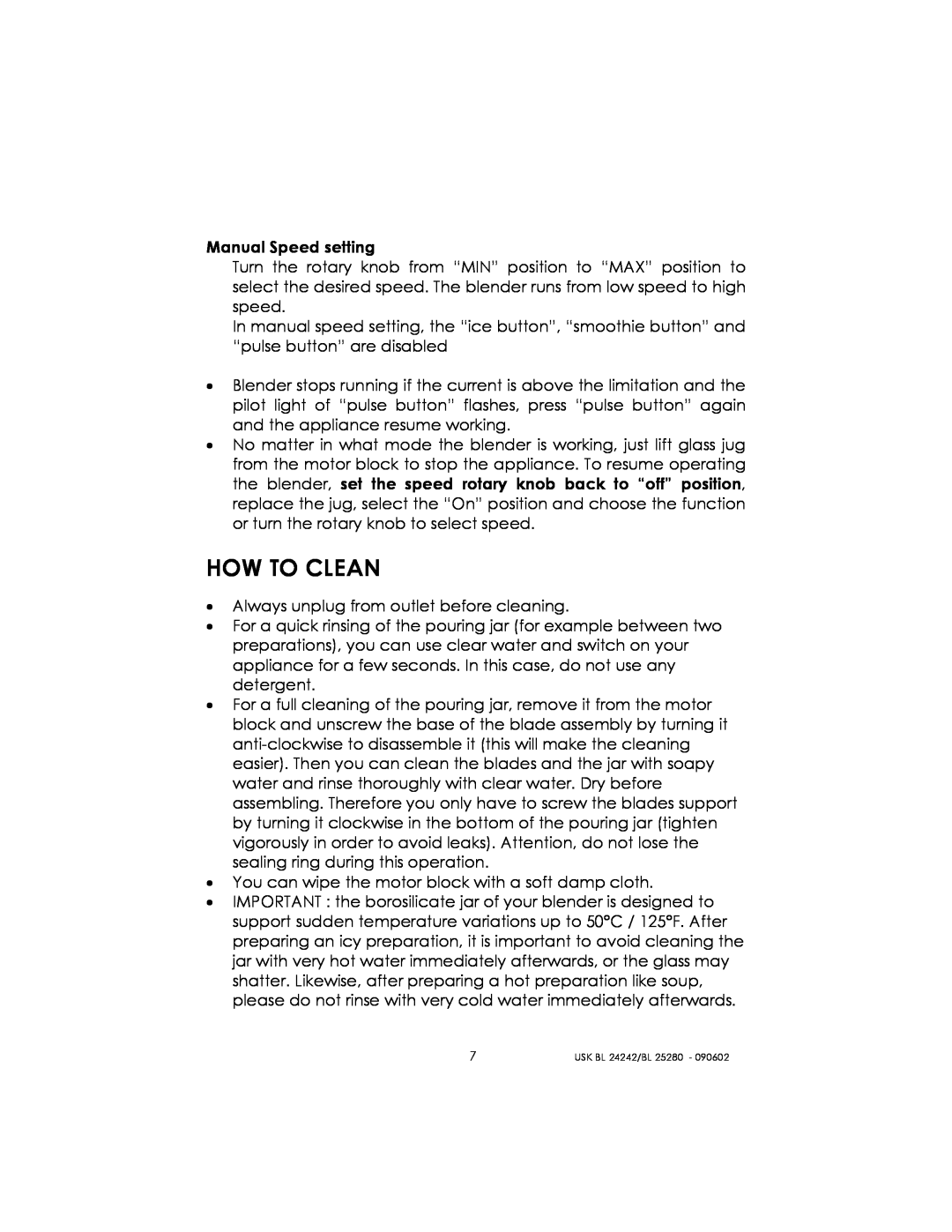 Kalorik BL 24242, BL 25280 manual How To Clean 