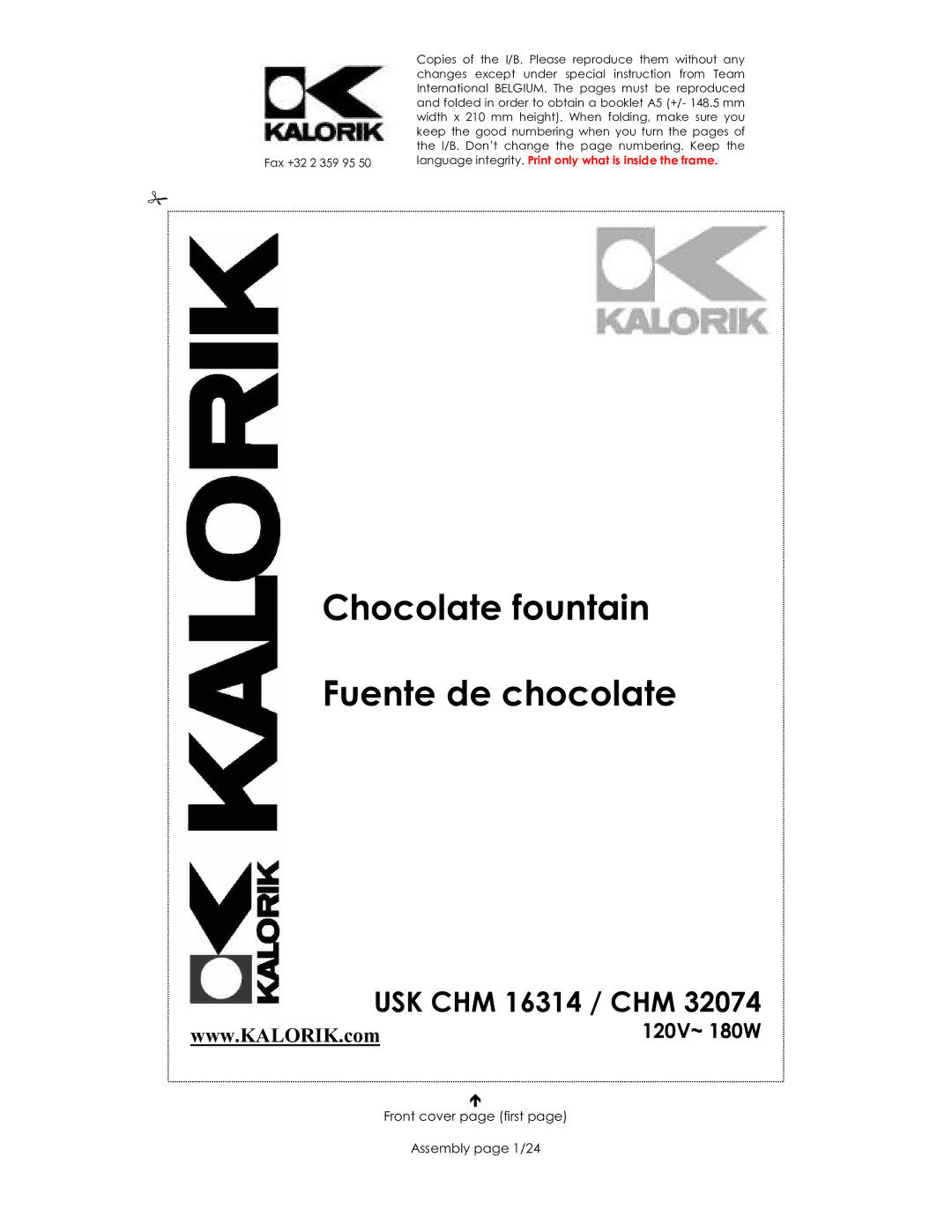 Kalorik CHM 32074, CHM 16314 manual Chocolate fountain Fuente de chocolate, Front cover page first Assembly page 1/24 