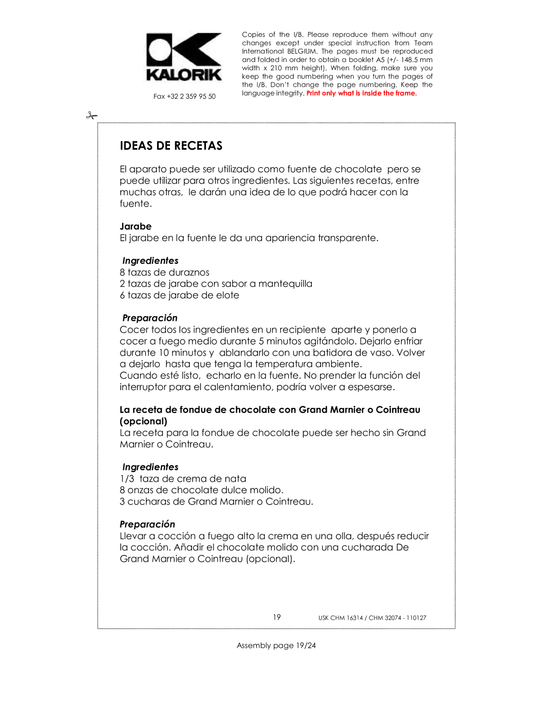 Kalorik CHM 32074, CHM 16314 manual Ideas DE Recetas, Ingredientes, Preparación, Assembly page 19/24 