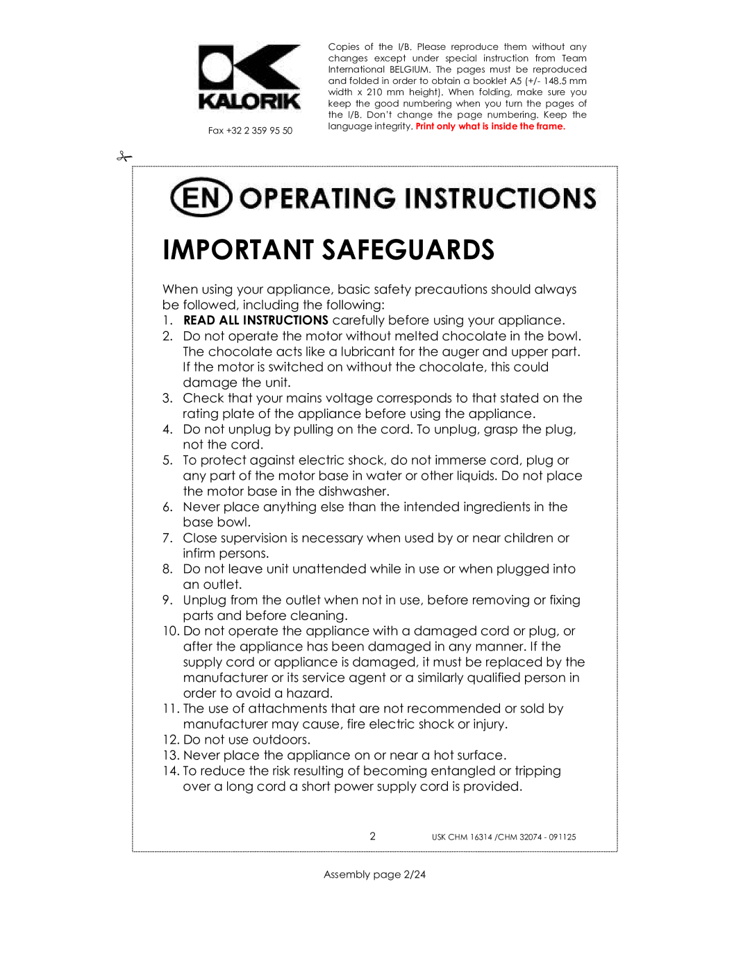 Kalorik CHM 16314, CHM 32074 manual Important Safeguards, Assembly page 2/24 