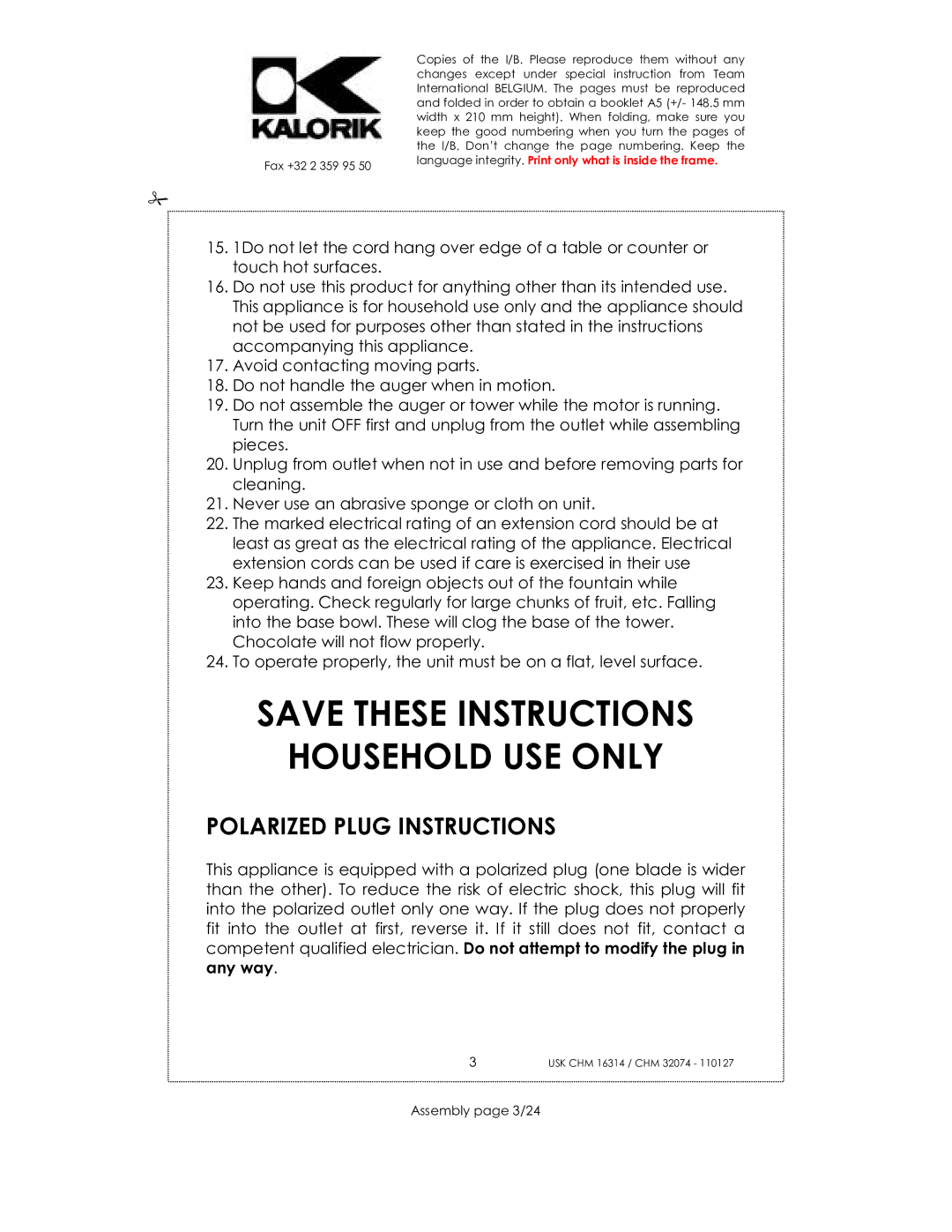 Kalorik CHM 32074, CHM 16314 manual Household USE only, Polarized Plug Instructions, Assembly page 3/24 