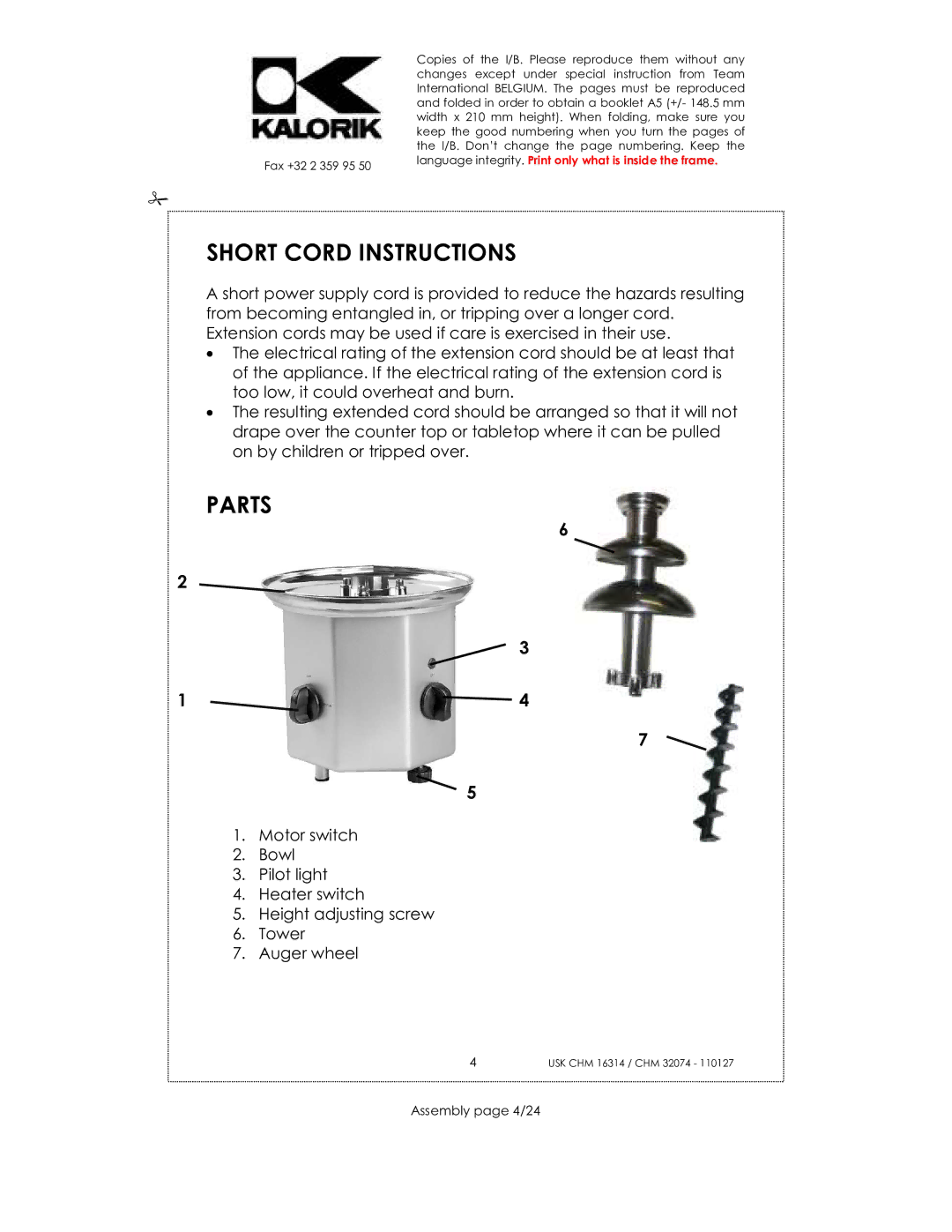 Kalorik CHM 16314, CHM 32074 manual Short Cord Instructions, Parts, Assembly page 4/24 