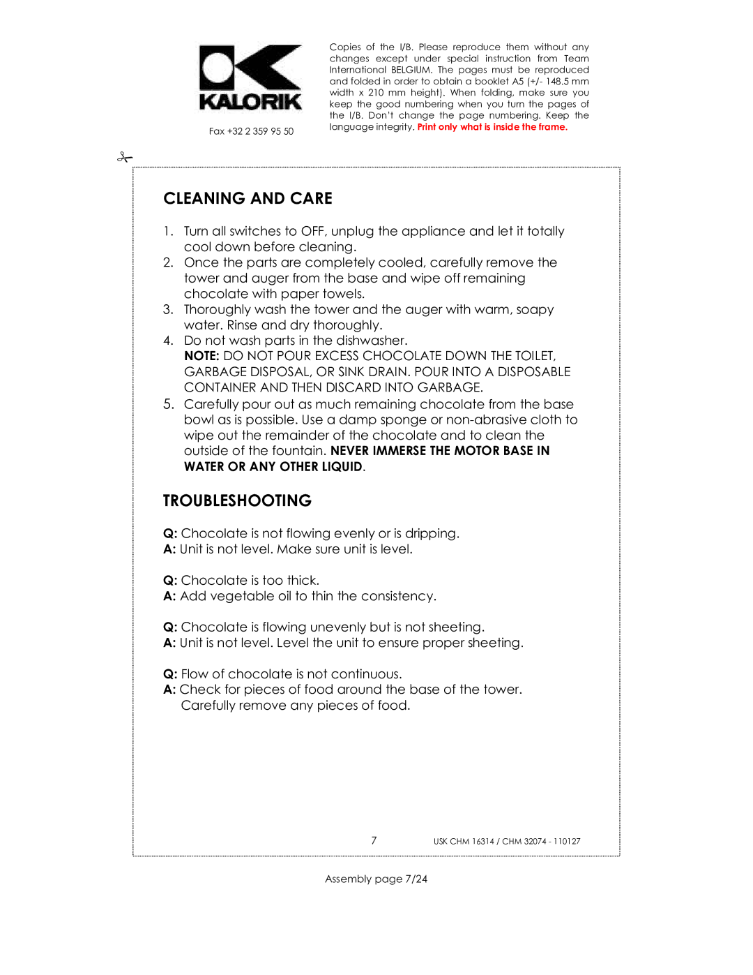 Kalorik CHM 32074, CHM 16314 manual Cleaning and Care, Troubleshooting, Assembly page 7/24 