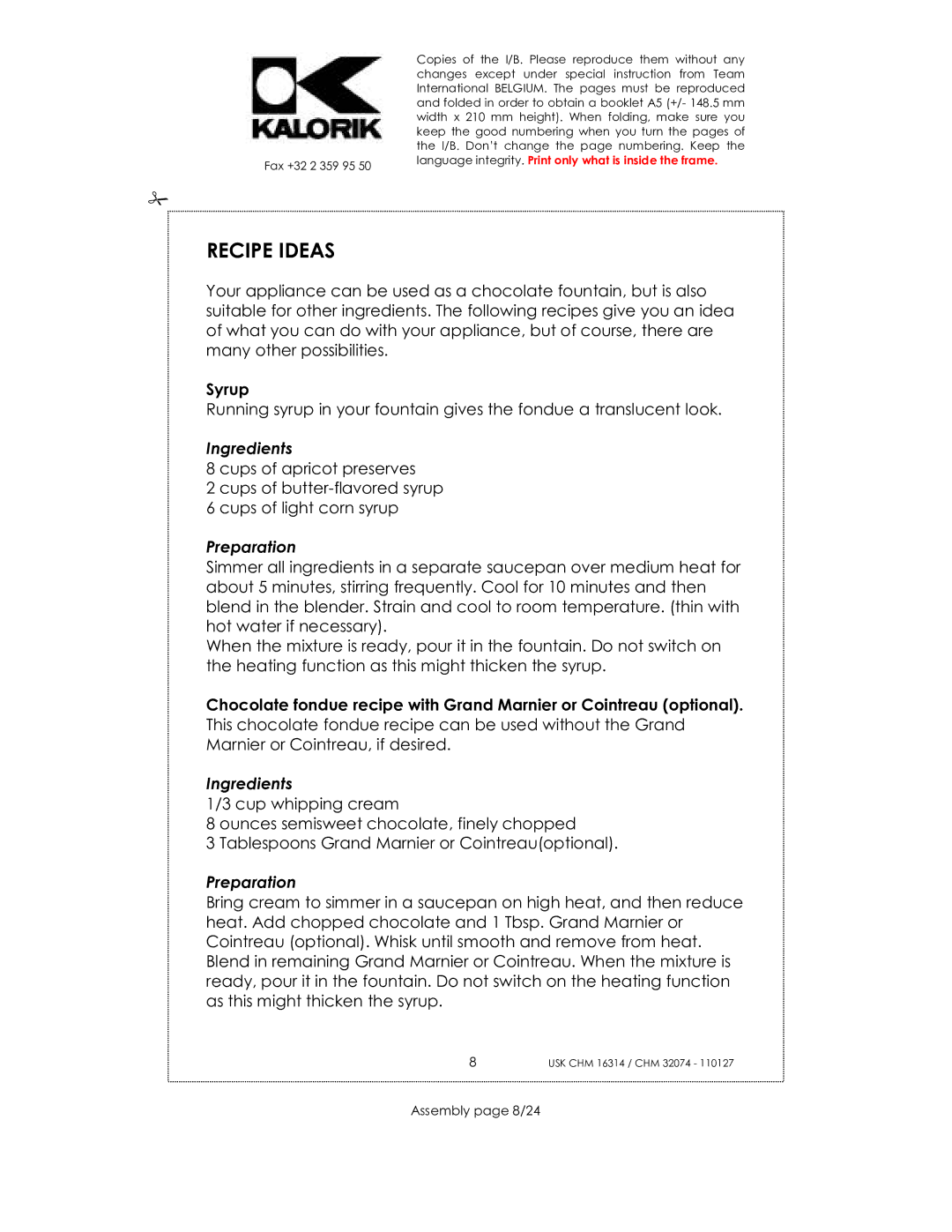 Kalorik CHM 16314, CHM 32074 manual Recipe Ideas, Ingredients, Preparation, Assembly page 8/24 