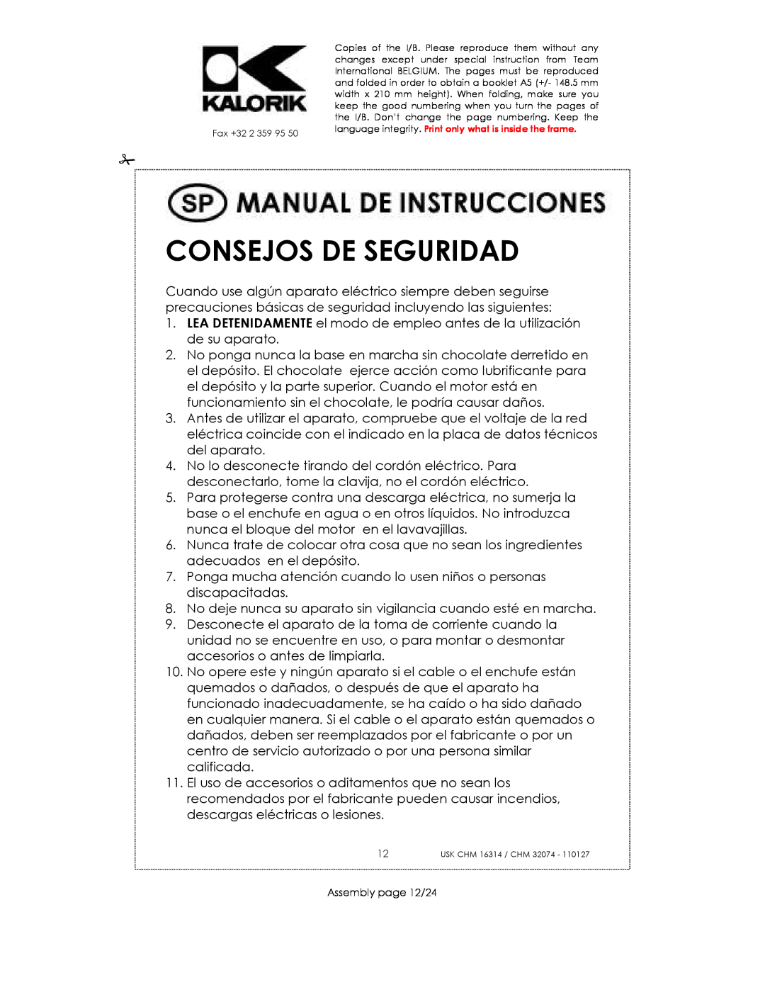 Kalorik CHM 16314, CHM 32074 manual Consejos De Seguridad, Assembly page 12/24 