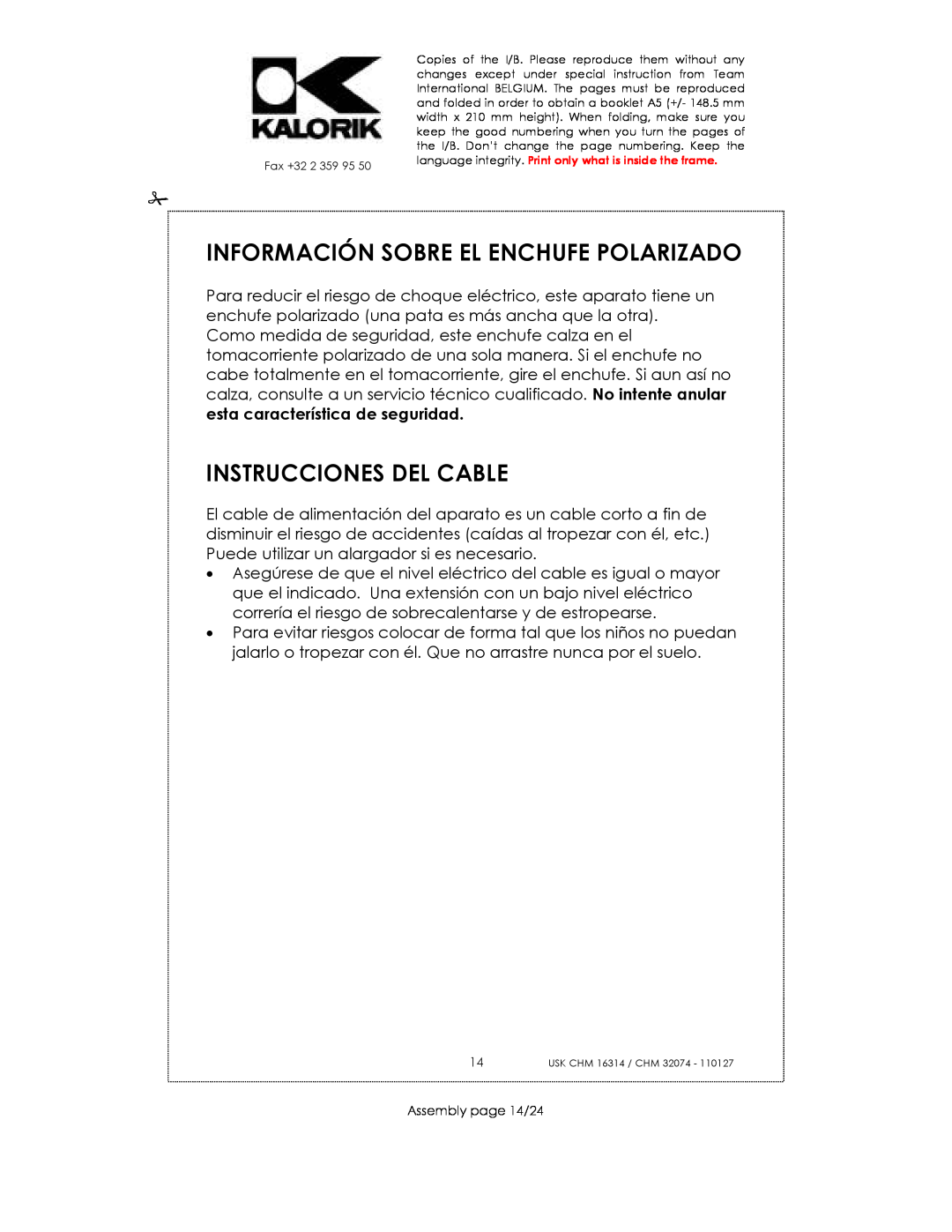 Kalorik CHM 16314, CHM 32074 manual Información Sobre El Enchufe Polarizado, Instrucciones Del Cable, Assembly page 14/24 
