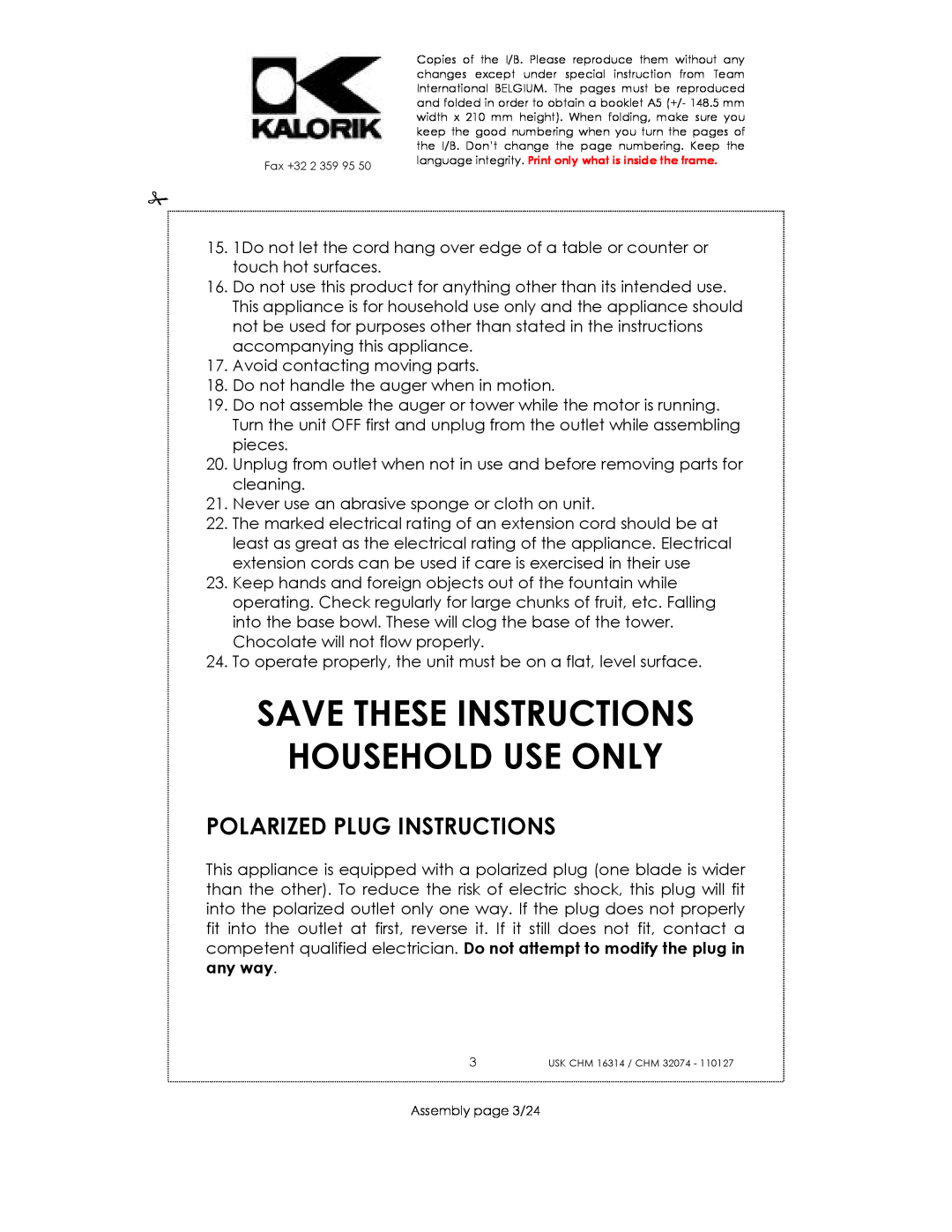 Kalorik CHM 32074, CHM 16314 manual Save These Instructions Household Use Only, Polarized Plug Instructions 