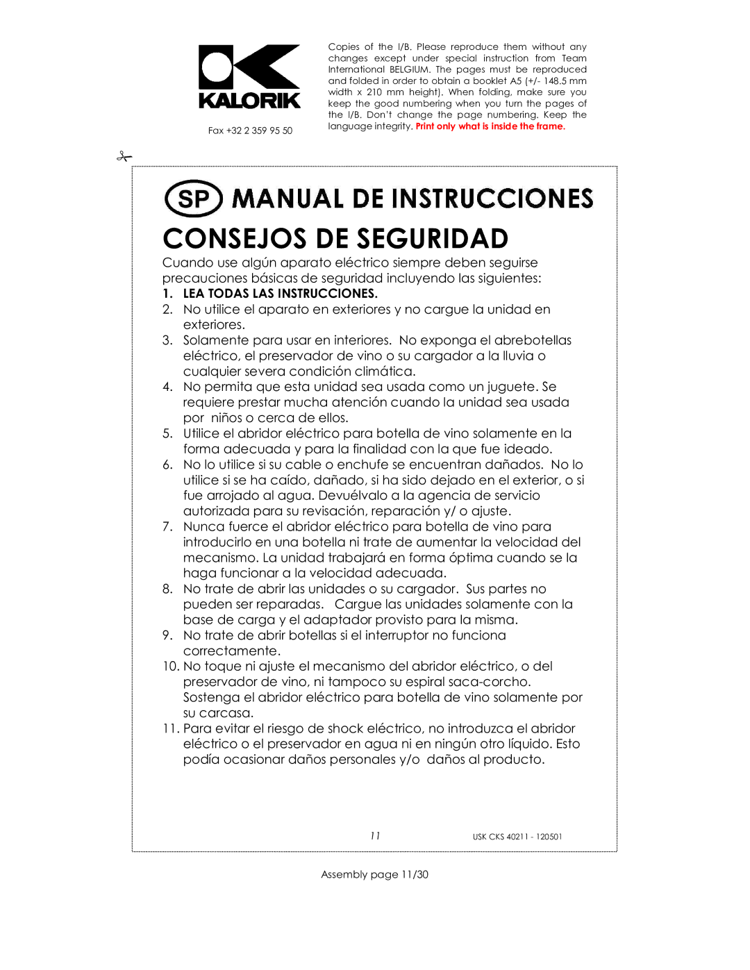 Kalorik CKS 40211 manual Consejos DE Seguridad, Assembly page 11/30 