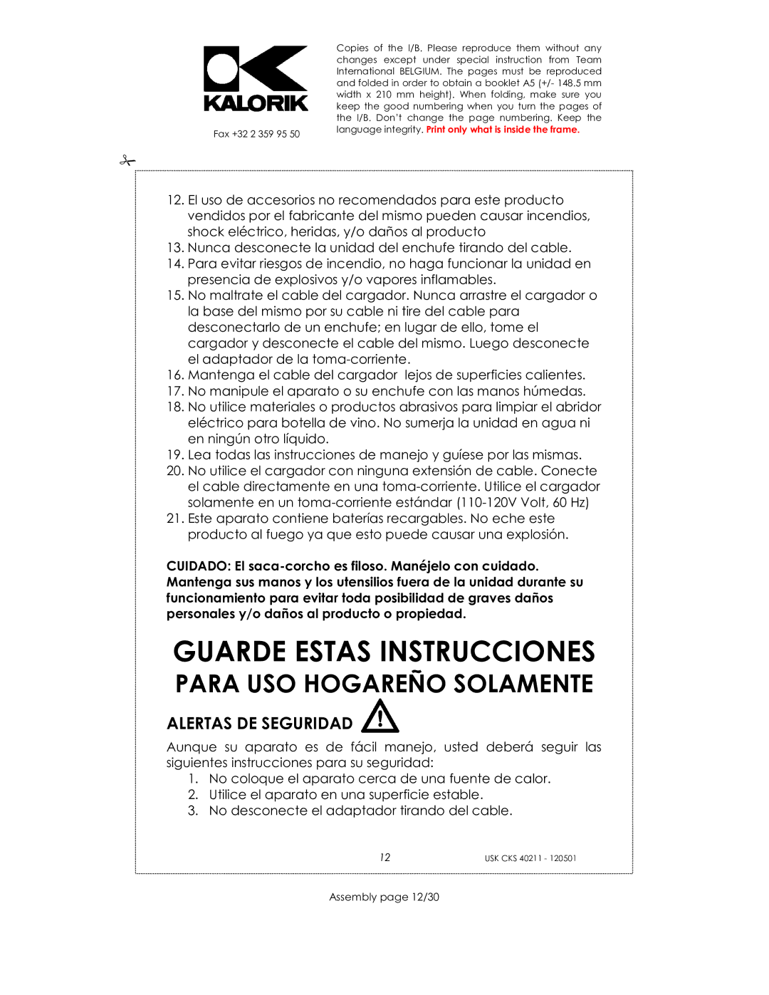 Kalorik CKS 40211 manual Guarde Estas Instrucciones, Alertas DE Seguridad, Assembly page 12/30 