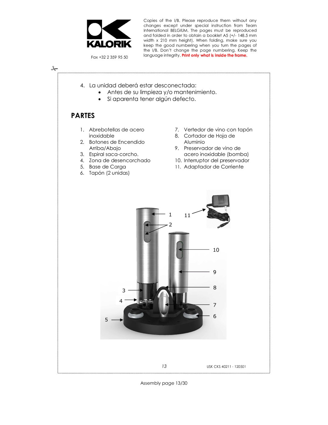 Kalorik CKS 40211 manual Partes, Assembly page 13/30 