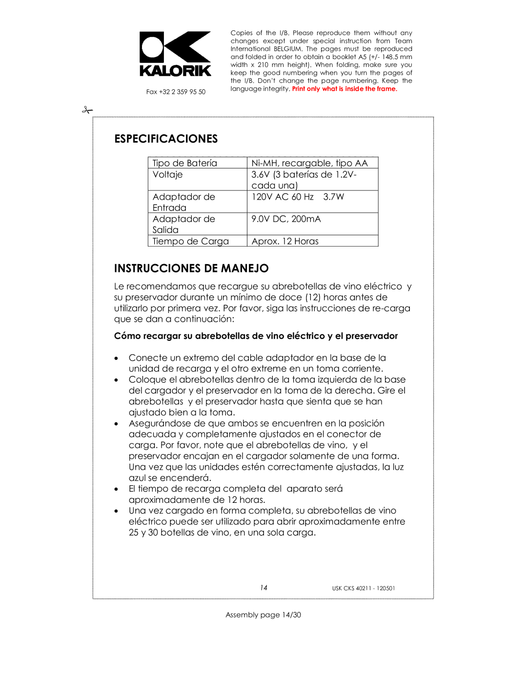 Kalorik CKS 40211 manual Especificaciones, Instrucciones DE Manejo, Assembly page 14/30 