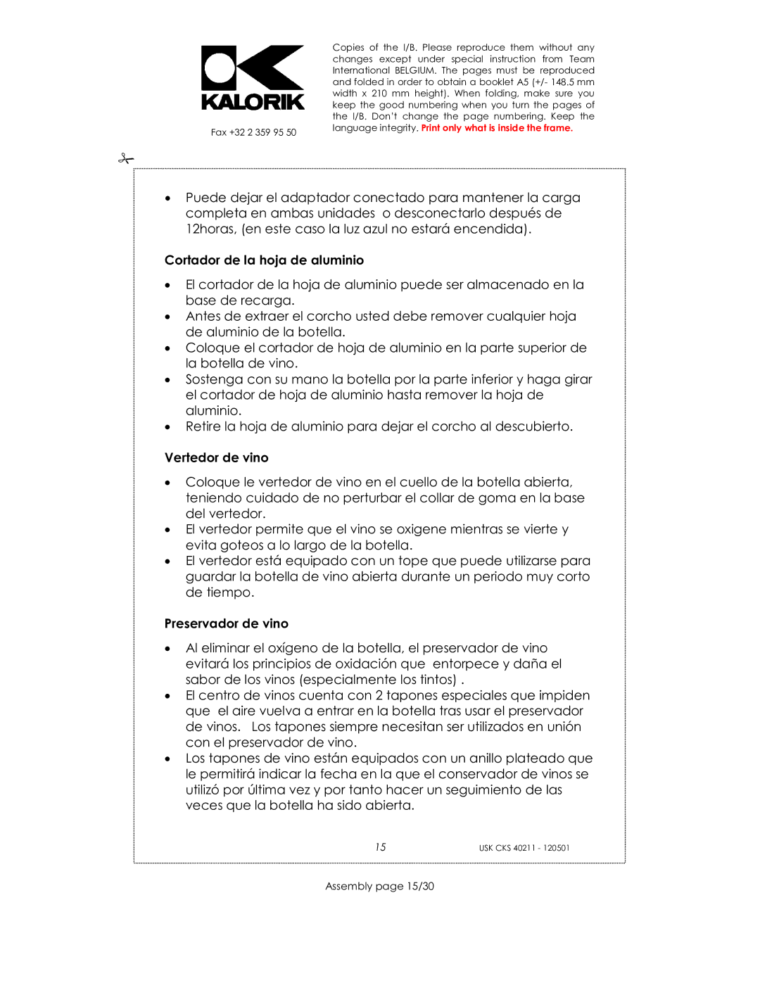 Kalorik CKS 40211 manual Cortador de la hoja de aluminio, Vertedor de vino, Preservador de vino, Assembly page 15/30 