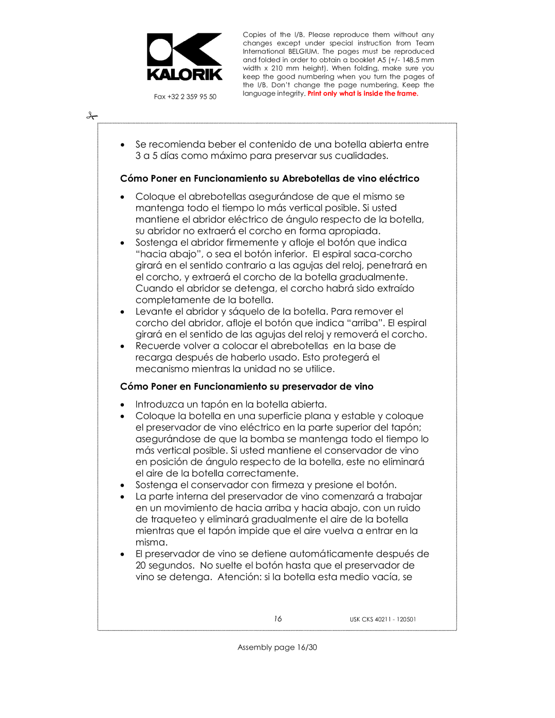 Kalorik CKS 40211 manual Cómo Poner en Funcionamiento su preservador de vino, Assembly page 16/30 