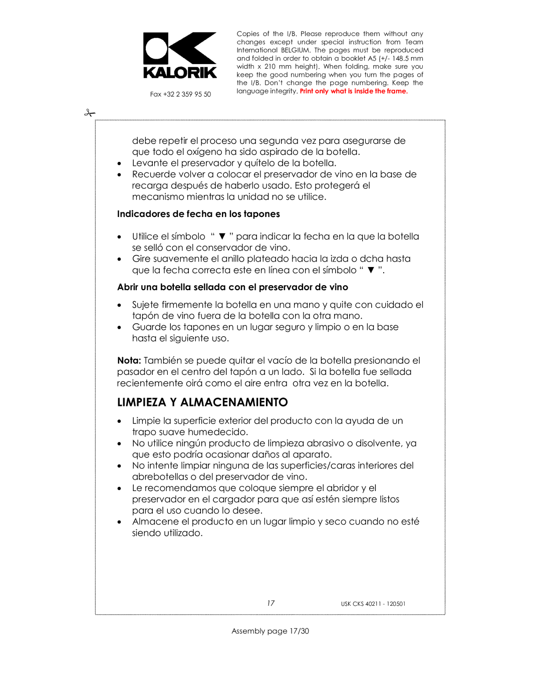 Kalorik CKS 40211 manual Limpieza Y Almacenamiento, Indicadores de fecha en los tapones, Assembly page 17/30 