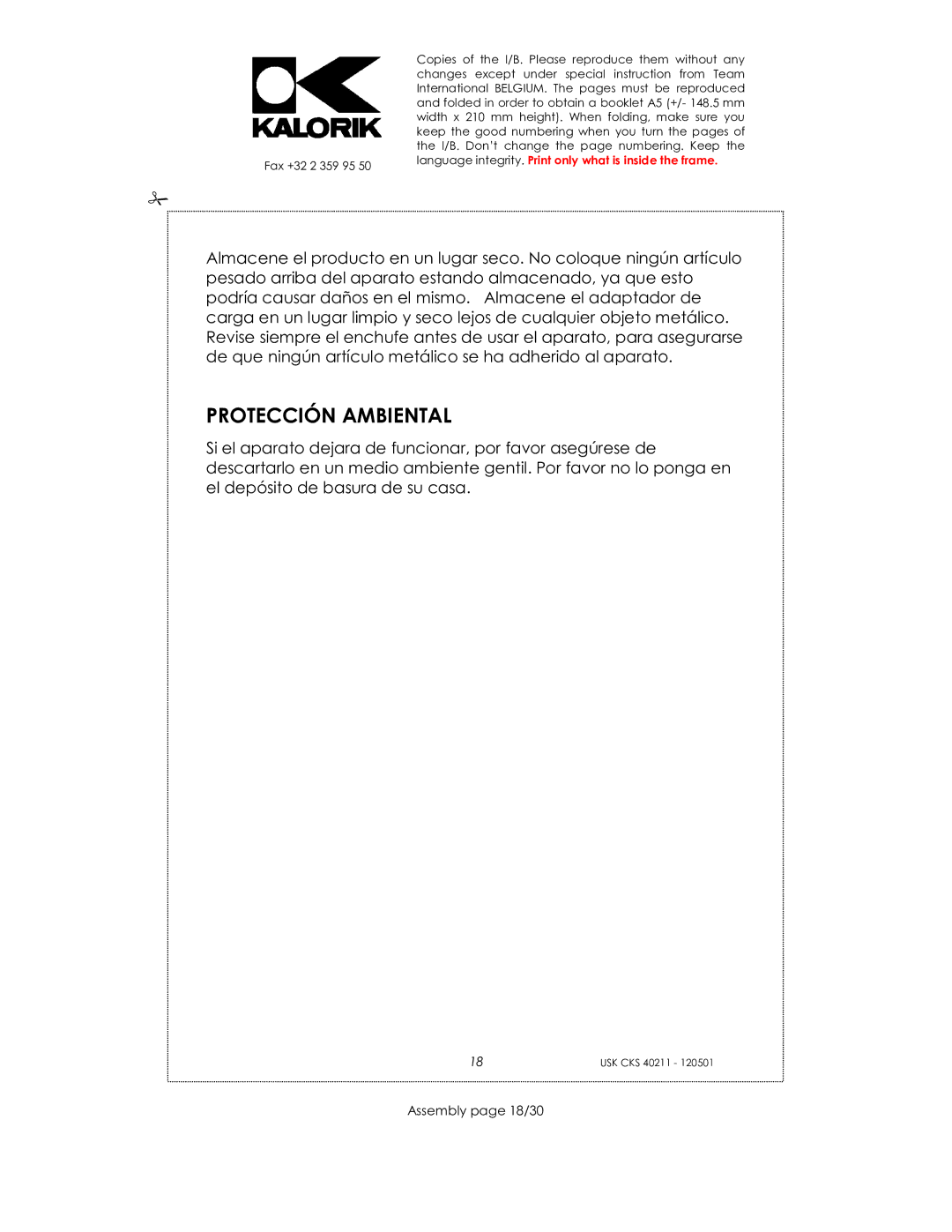 Kalorik CKS 40211 manual Protección Ambiental, Assembly page 18/30 