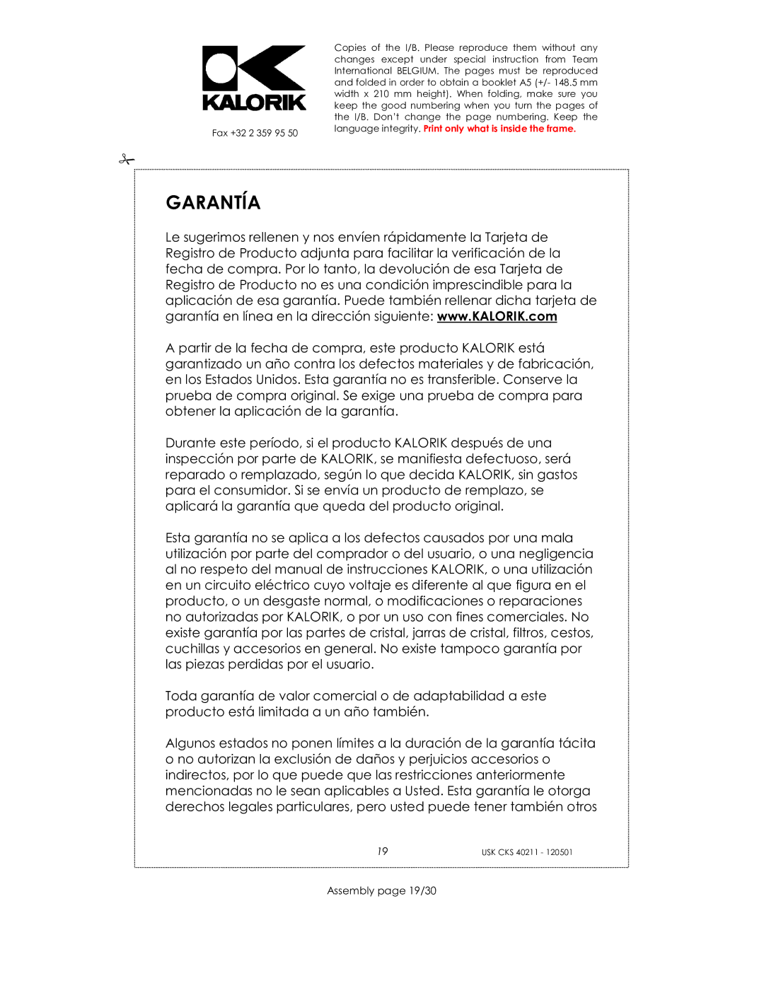 Kalorik CKS 40211 manual Garantía, Assembly page 19/30 