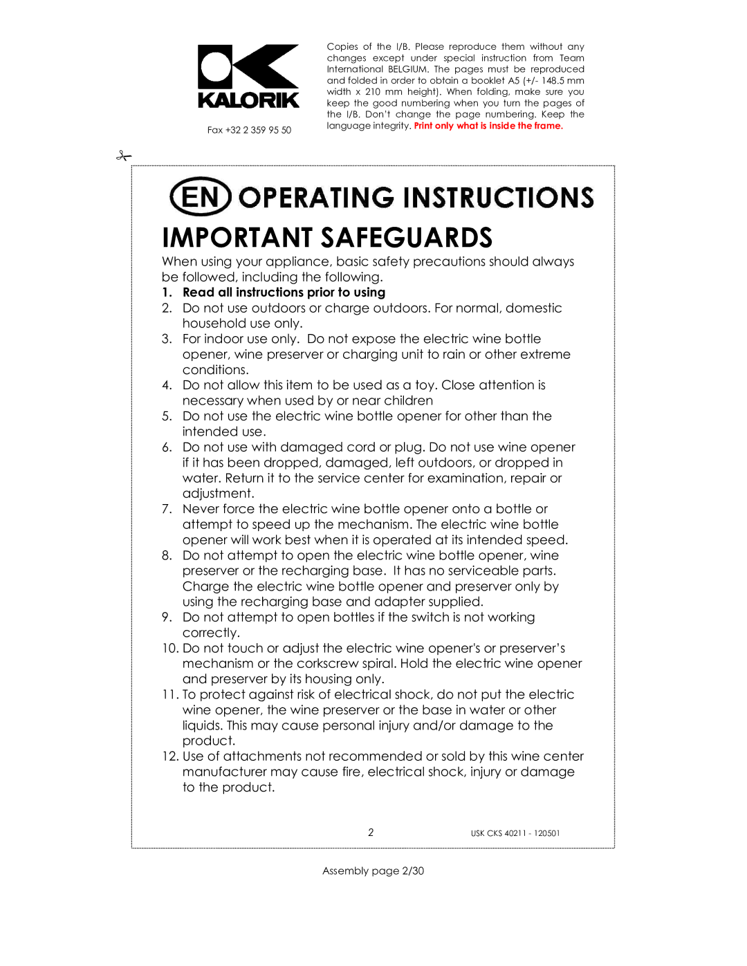 Kalorik CKS 40211 manual Important Safeguards, Read all instructions prior to using, Assembly page 2/30 