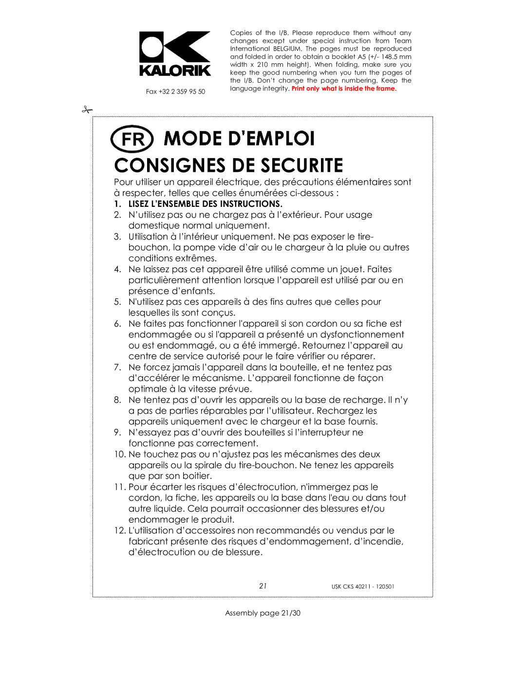 Kalorik CKS 40211 manual Consignes DE Securite, Assembly page 21/30 