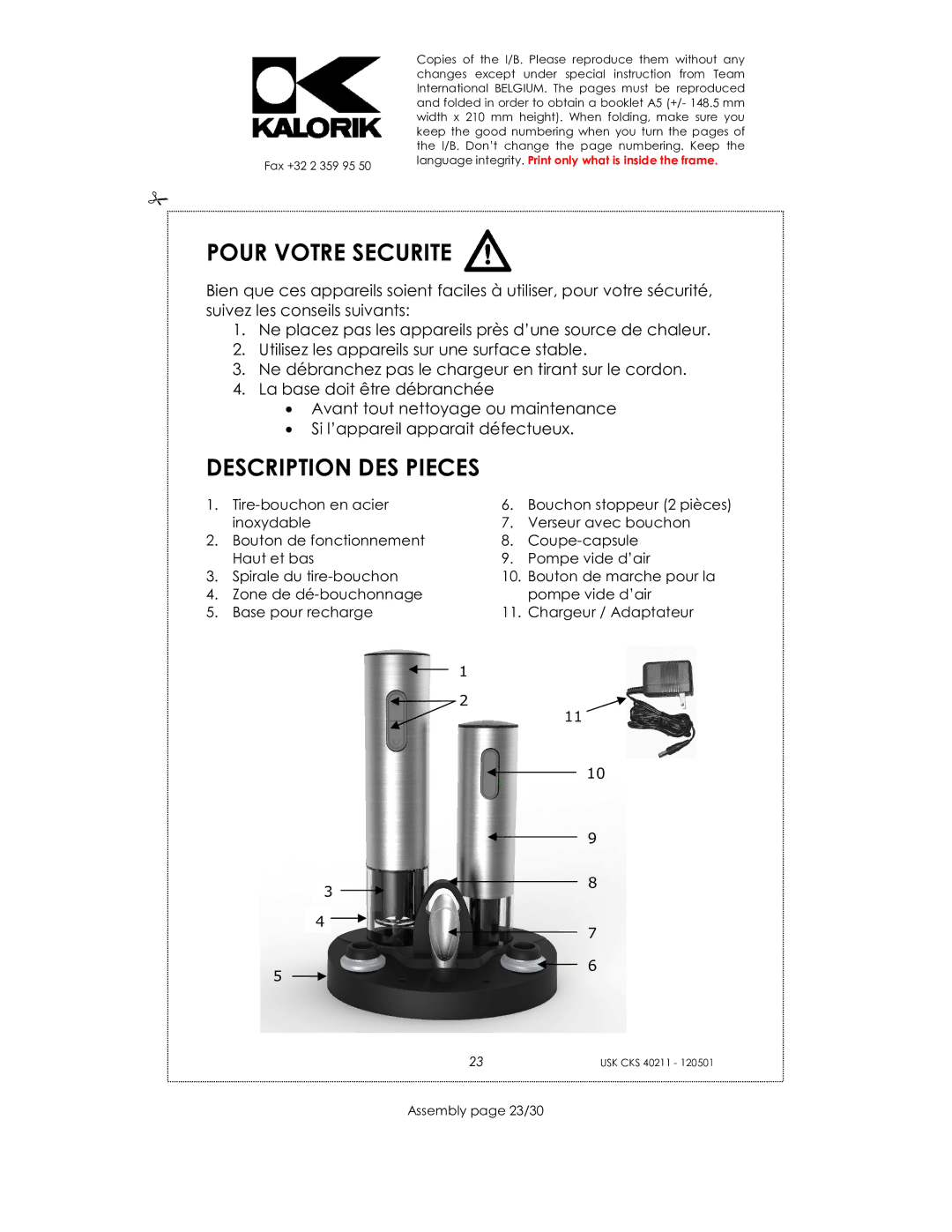 Kalorik CKS 40211 manual Pour Votre Securite, Description DES Pieces, Assembly page 23/30 