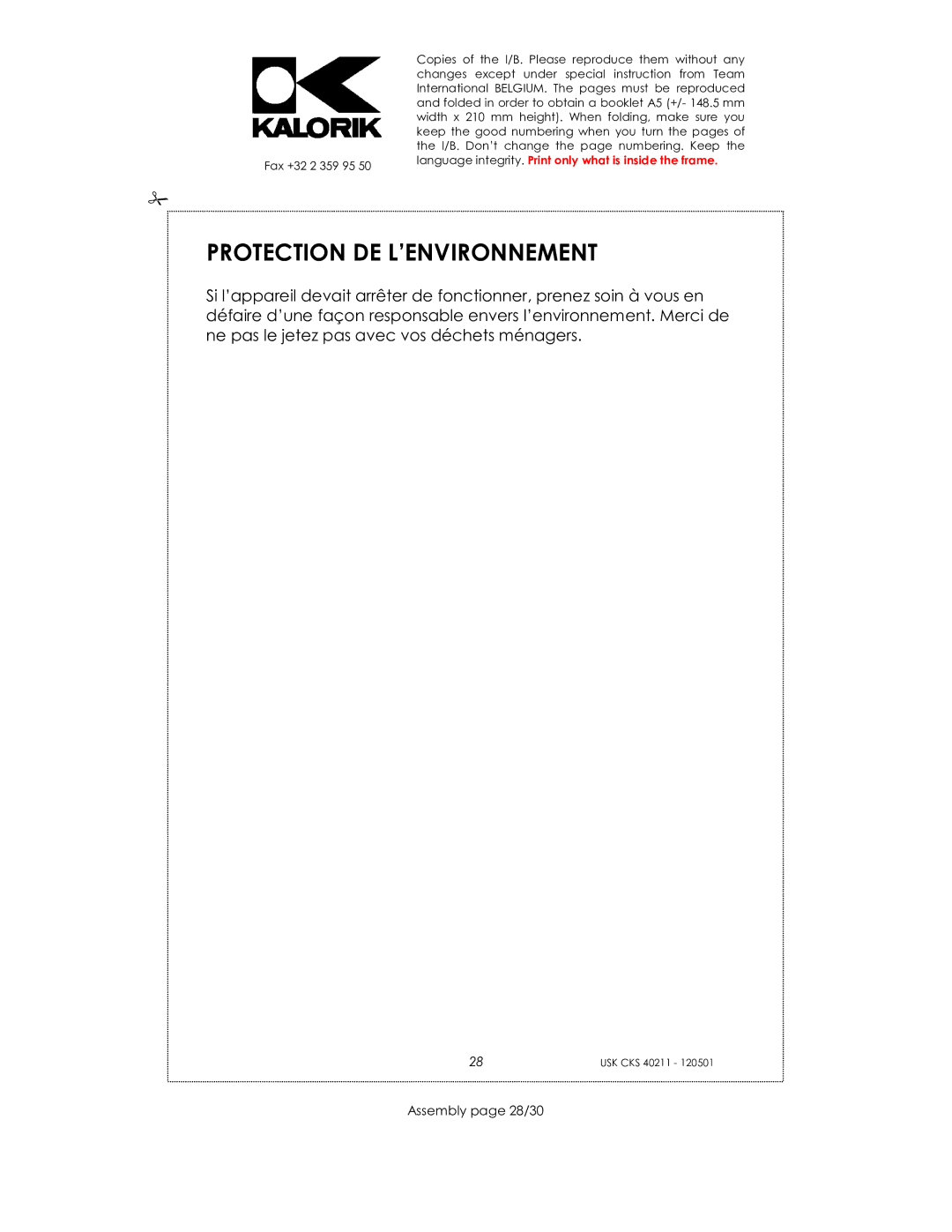 Kalorik CKS 40211 manual Protection DE L’ENVIRONNEMENT, Assembly page 28/30 