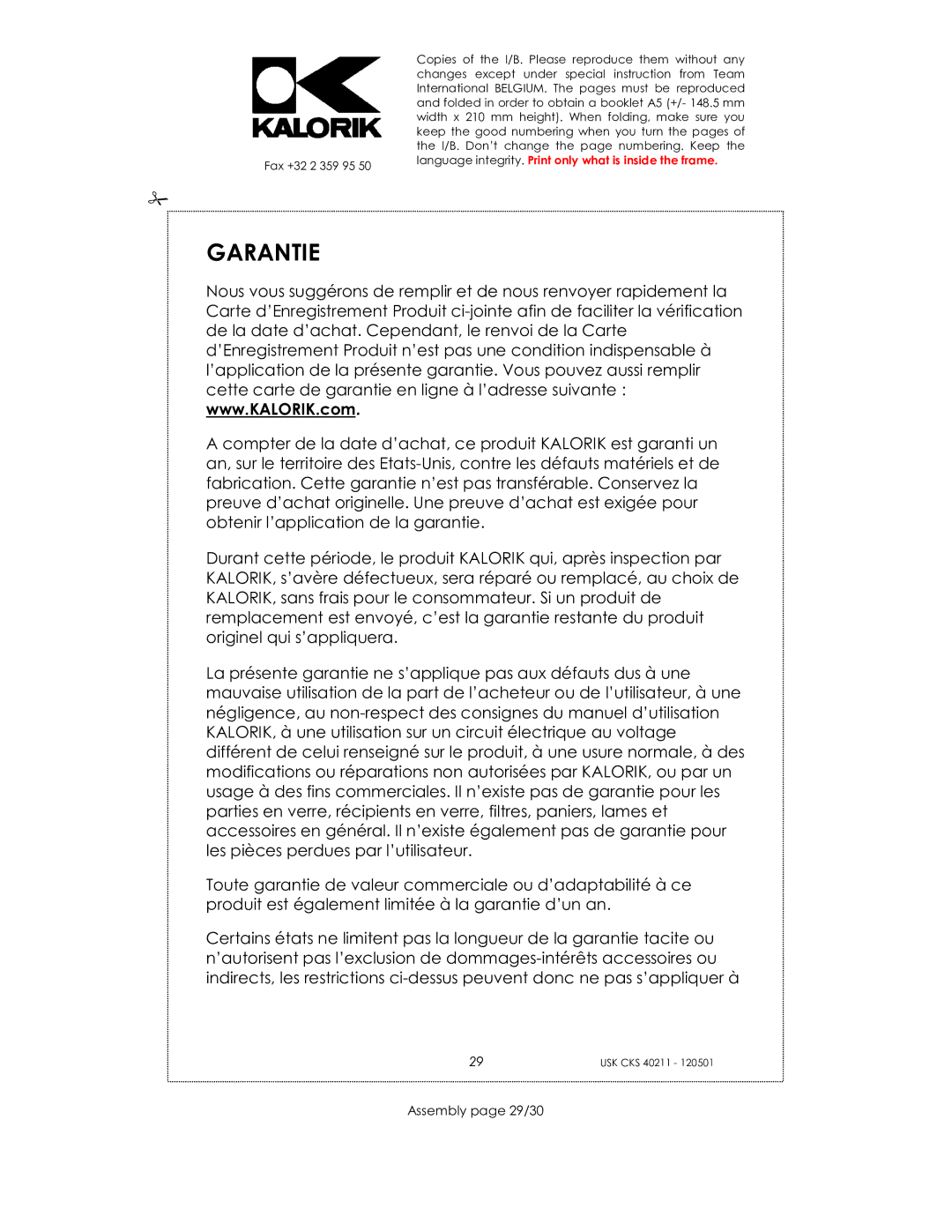 Kalorik CKS 40211 manual Garantie, Assembly page 29/30 