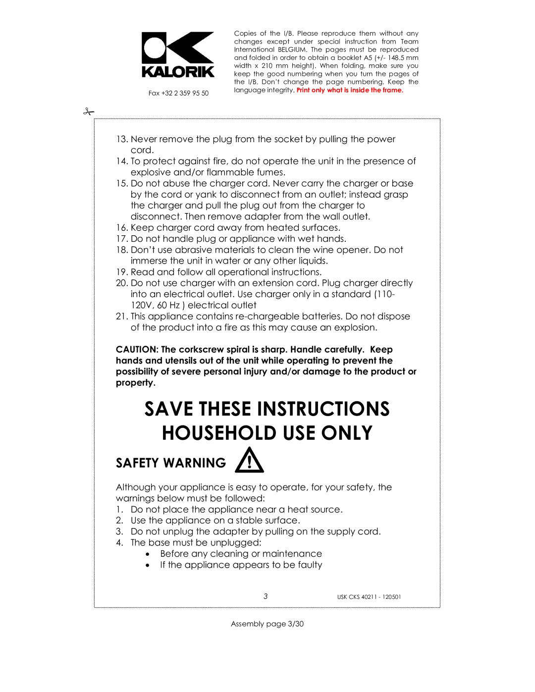 Kalorik CKS 40211 manual Household USE only, Safety Warning, Assembly page 3/30 