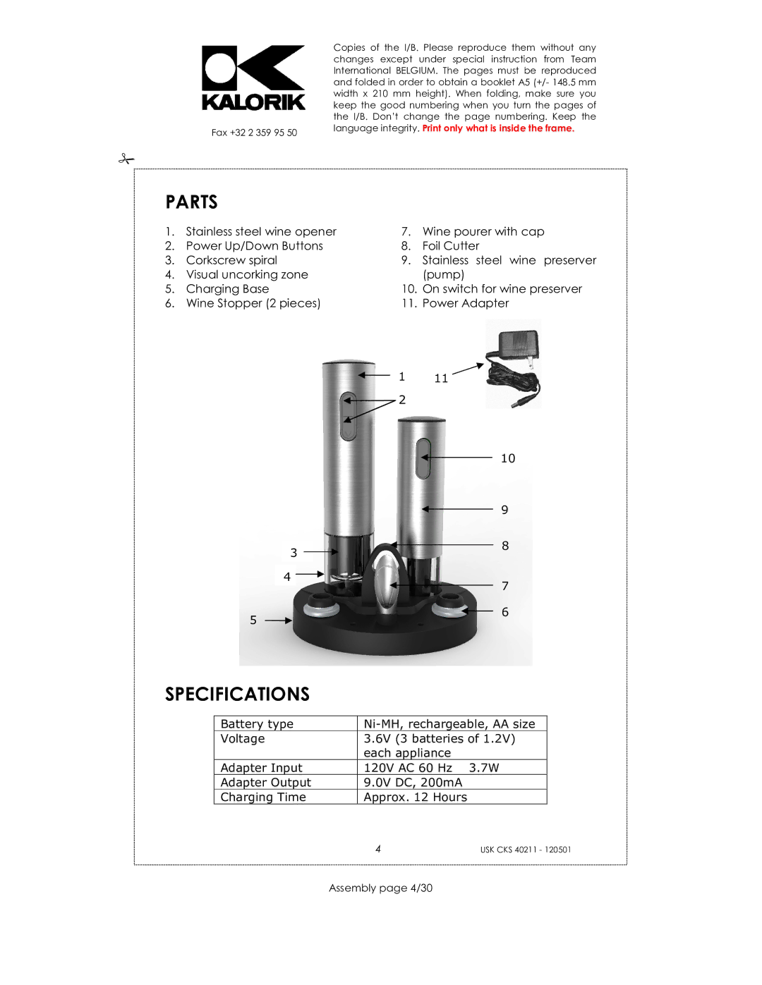 Kalorik CKS 40211 manual Parts, Specifications, Stainless, Assembly page 4/30 