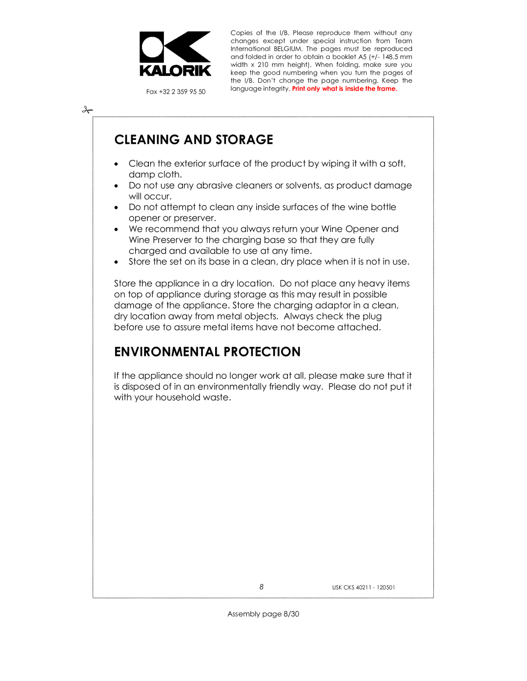 Kalorik CKS 40211 manual Cleaning and Storage, Environmental Protection, Assembly page 8/30 