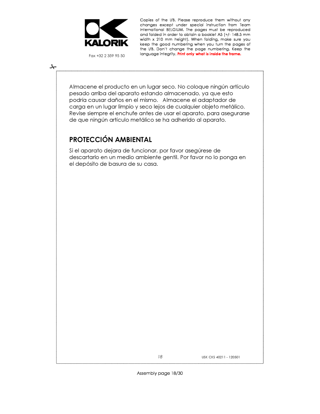 Kalorik CKS 40211 manual Protección Ambiental, Assembly page 18/30 