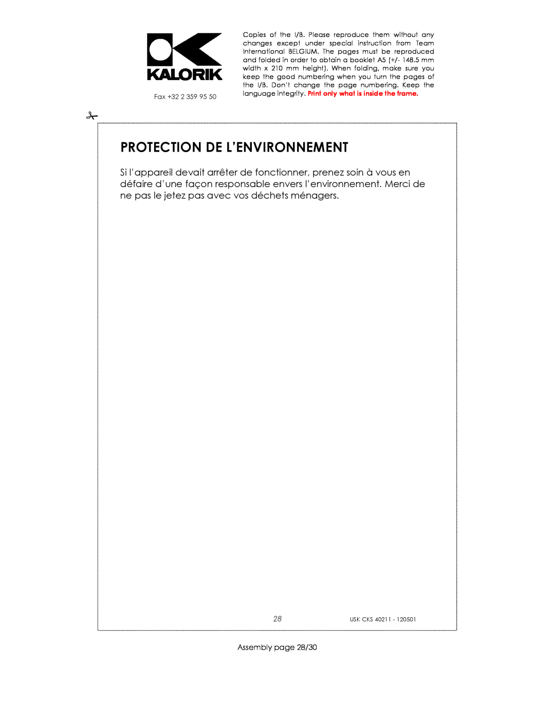 Kalorik CKS 40211 manual Protection De L’Environnement, Assembly page 28/30 