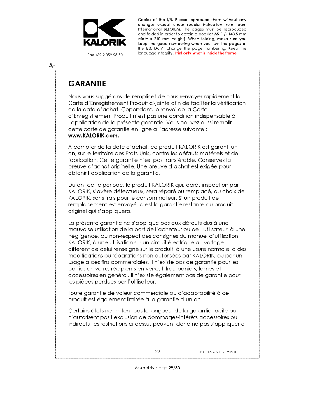 Kalorik CKS 40211 manual Garantie, Assembly page 29/30 