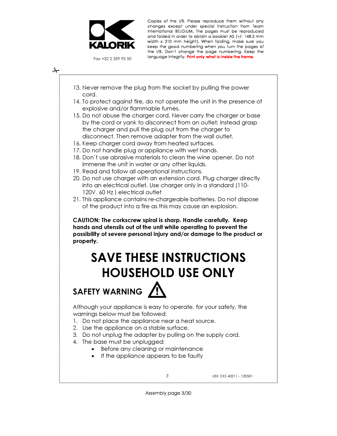 Kalorik CKS 40211 manual Save These Instructions Household Use Only, Safety Warning 