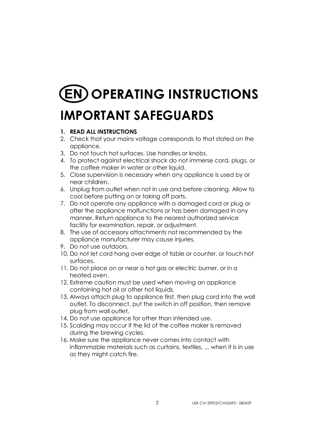 Kalorik CM 25693, CM 20903 manual Important Safeguards, Read ALL Instructions 