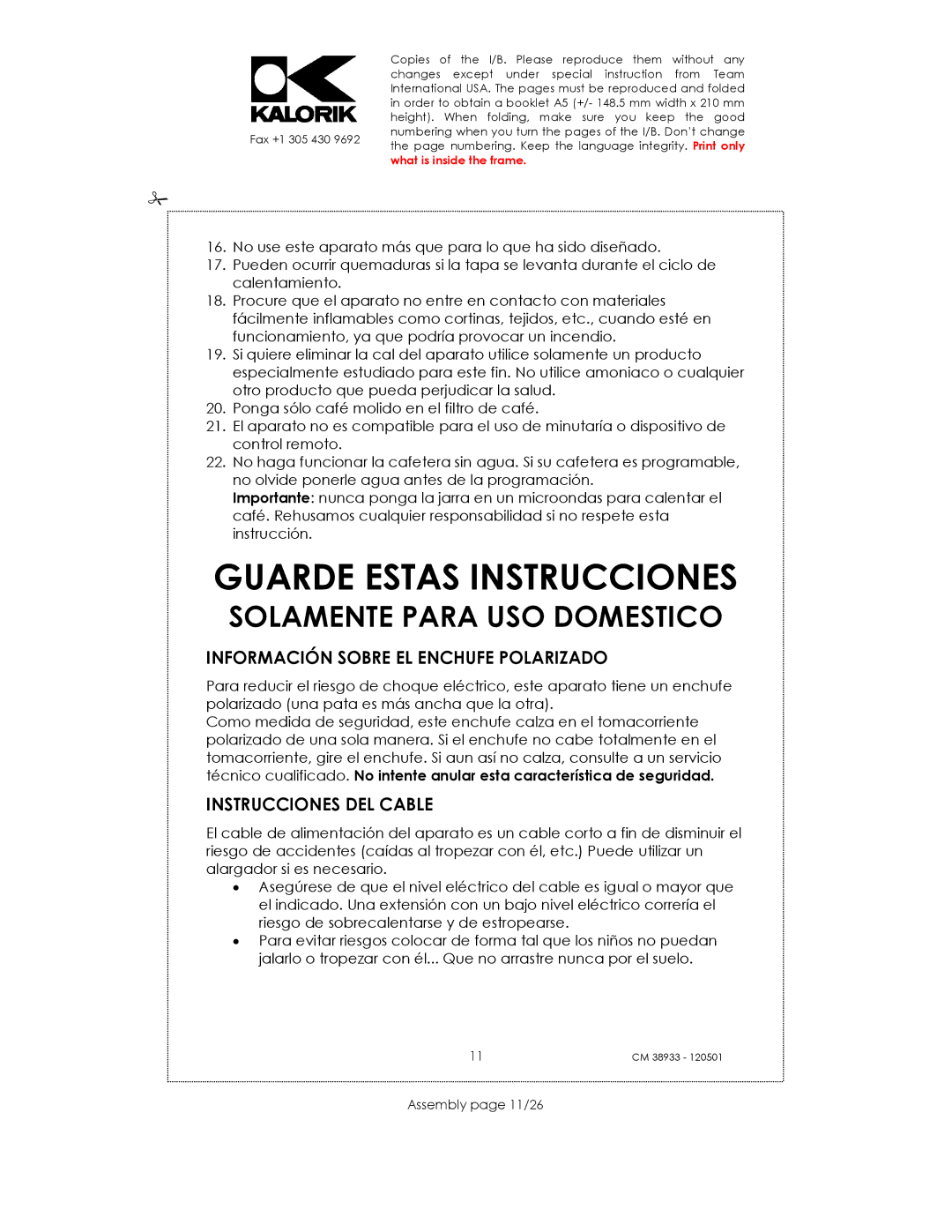 Kalorik CM 38933 manual Guarde Estas Instrucciones, Información Sobre EL Enchufe Polarizado, Instrucciones DEL Cable 