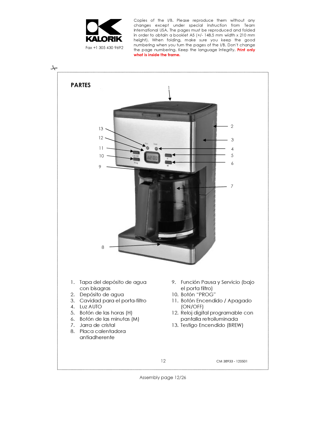 Kalorik CM 38933 manual PARTES1, Assembly page 12/26 