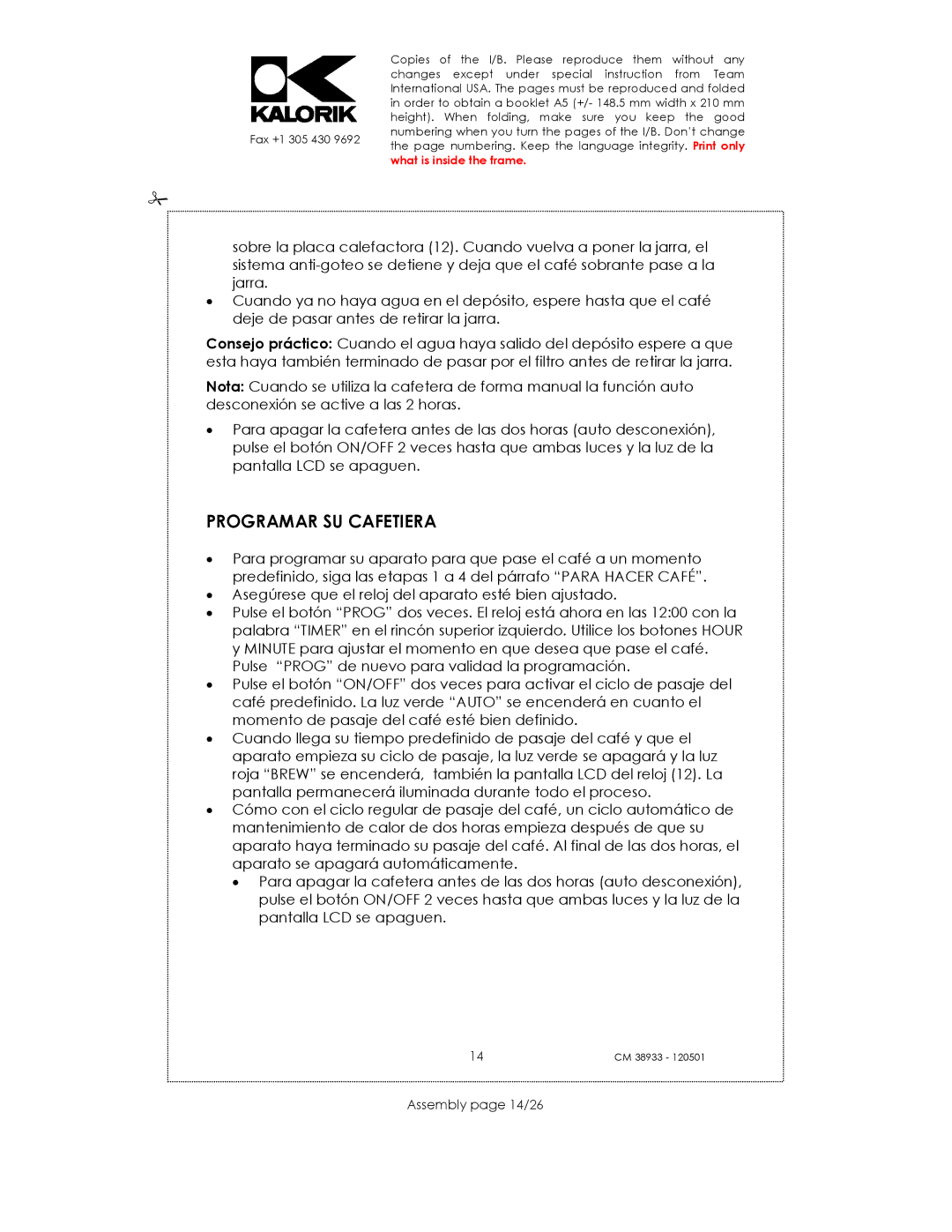 Kalorik CM 38933 manual Programar SU Cafetiera, Assembly page 14/26 