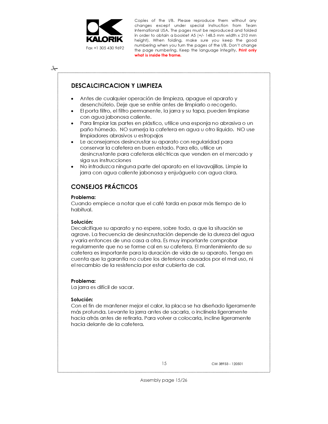 Kalorik CM 38933 manual Descalcificacion Y Limpieza, Consejos Prácticos, Assembly page 15/26 