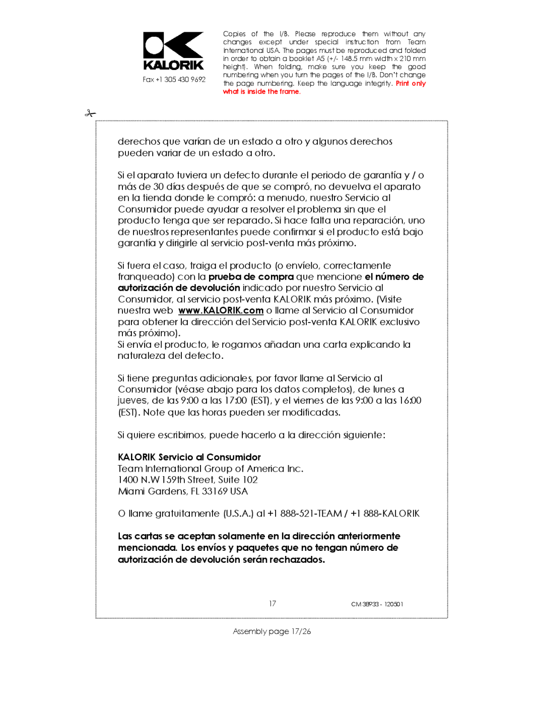 Kalorik CM 38933 manual Kalorik Servicio al Consumidor, Assembly page 17/26 