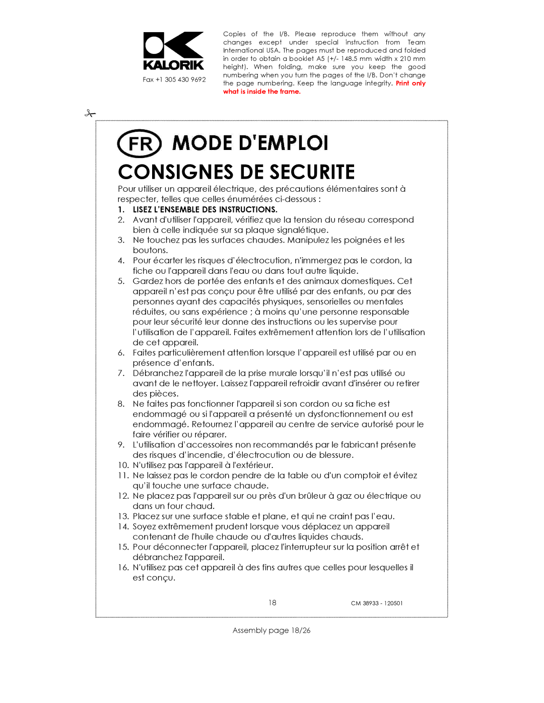 Kalorik CM 38933 manual Consignes DE Securite, Assembly page 18/26 