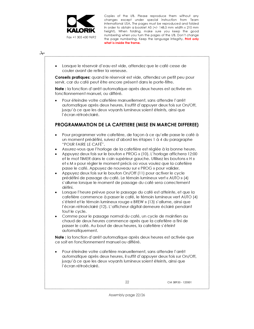 Kalorik CM 38933 manual Programmation DE LA Cafetiere Mise EN Marche Differee, Assembly page 22/26 