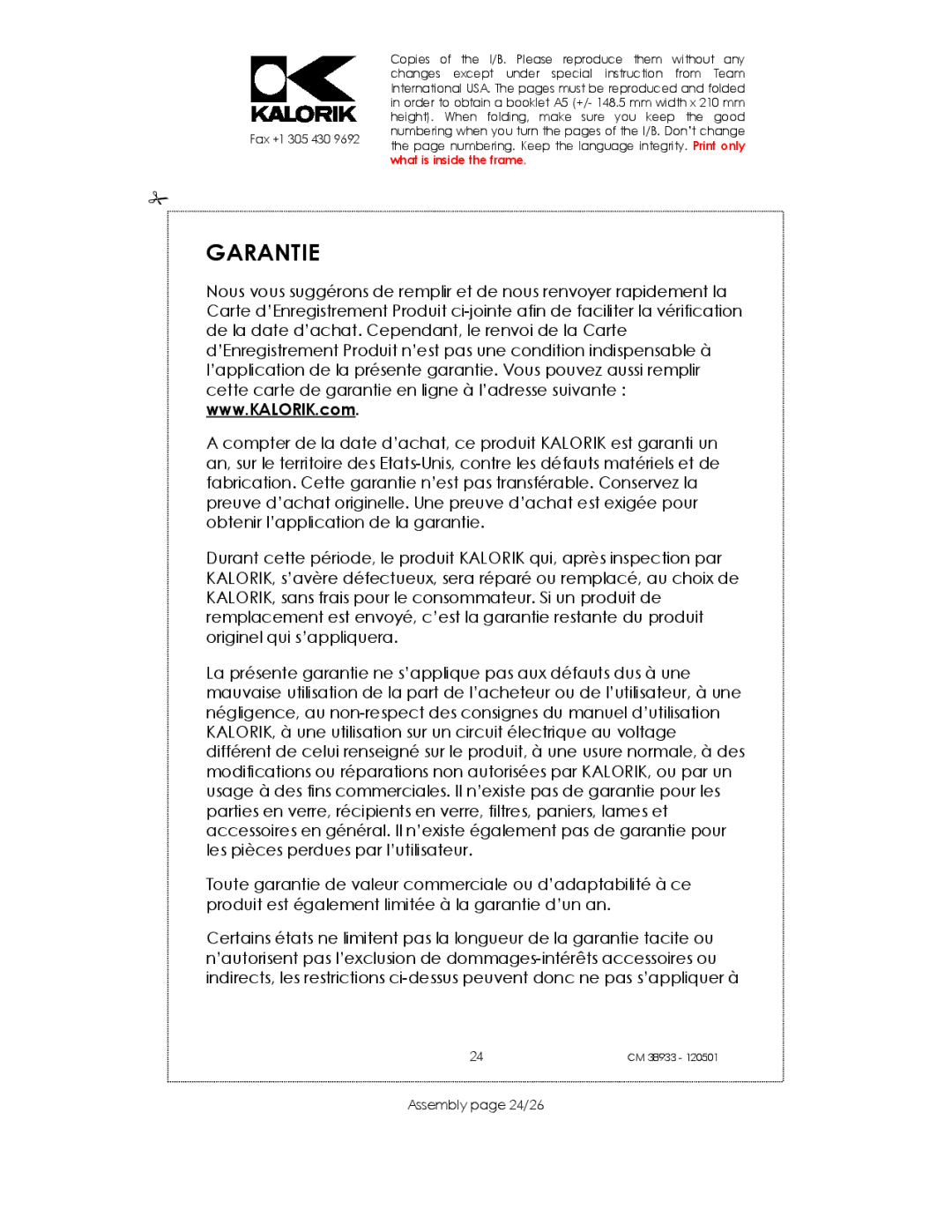 Kalorik CM 38933 manual Garantie, Assembly page 24/26 